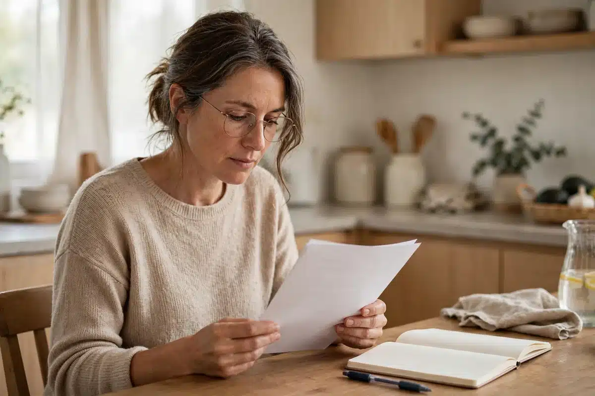 Photo of a woman in her 40s at her kitchen table at home reading a plain printed document carefully with a pen and notebook beside her, soft daylight