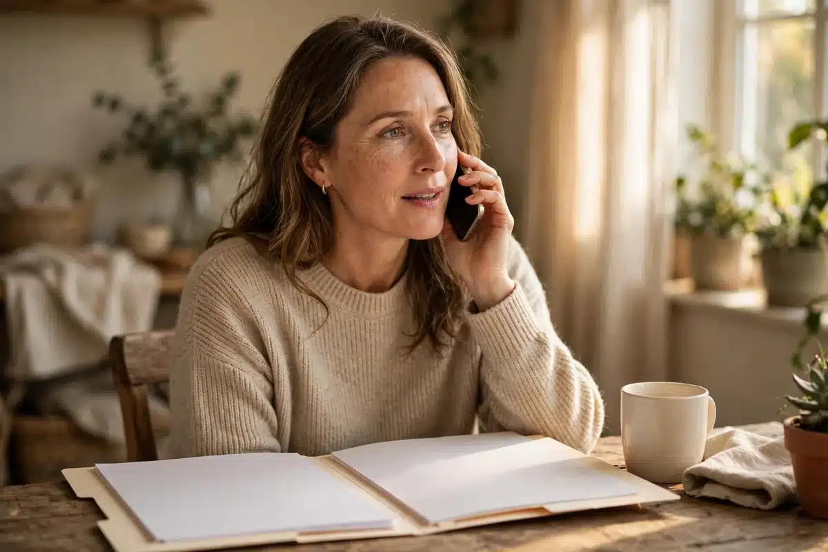 Photo of a woman in her 40s speaking calmly on the phone at home, a folder of plain paperwork open in front of her, warm natural light