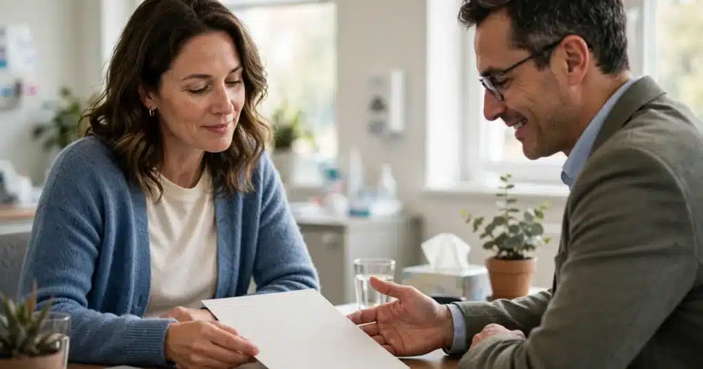 Photo of a woman in her 40s sitting across a desk from a financial counsellor in a bright hospital office, reading a plain document together, calm and hopeful