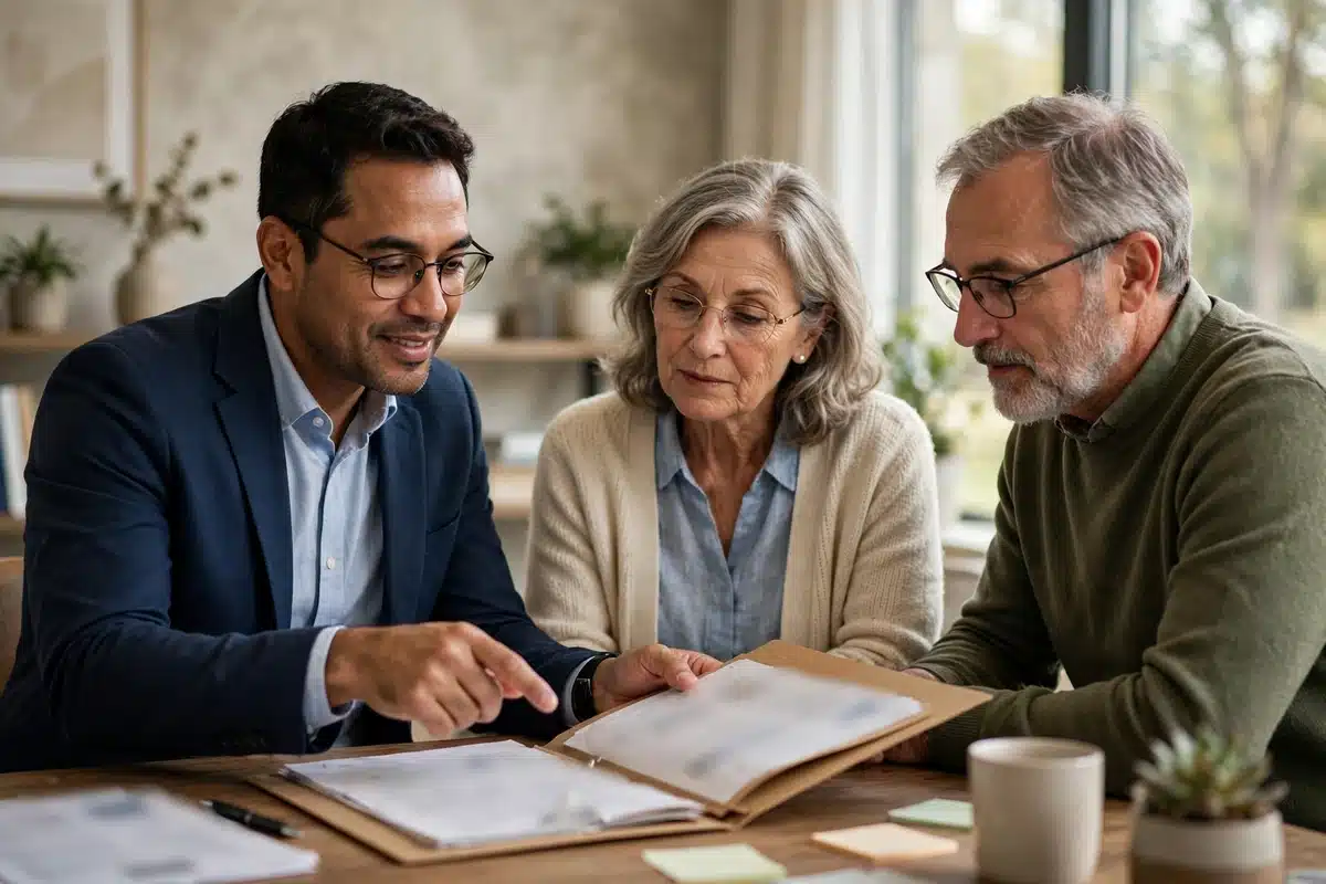 Photo of a financial counselor pointing to a folder while a couple listens at a desk
