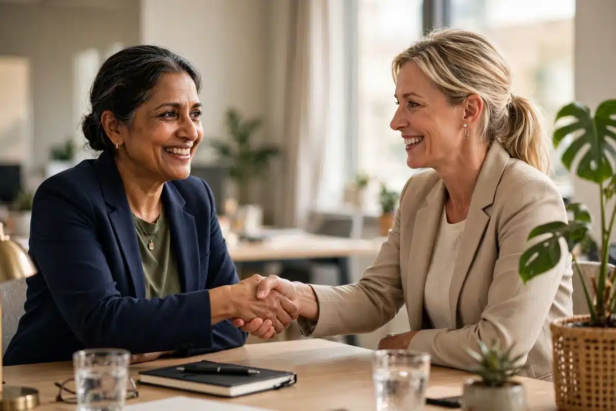 Photo of a woman shaking hands with a financial counselor, smiling with relief