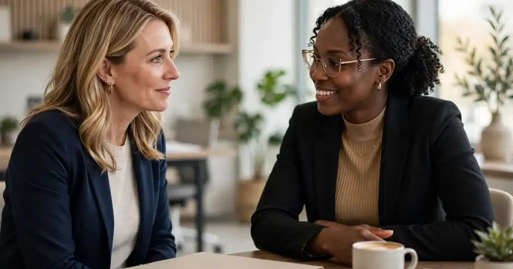 Photo of a woman meeting with a financial counselor in a bright hospital office
