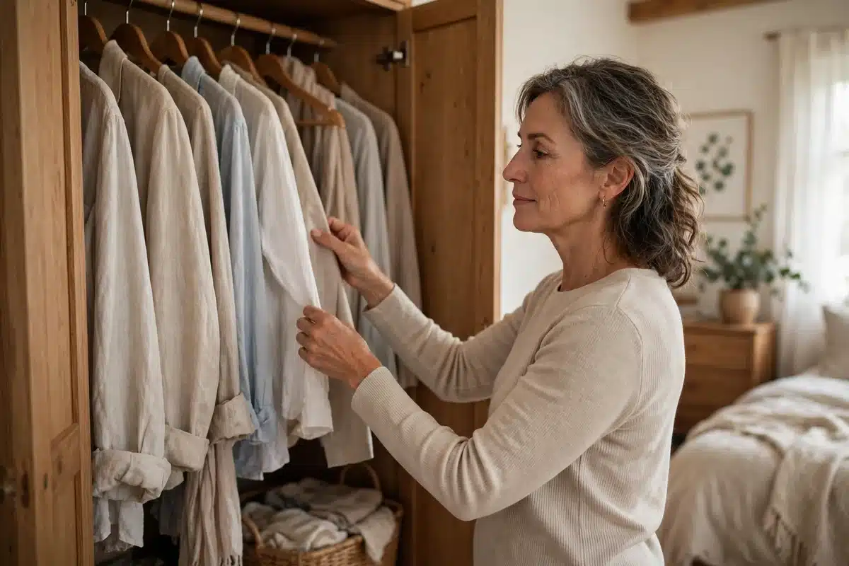 Photo of a woman in her late 50s choosing a light layered outfit from her wardrobe at home in soft morning light