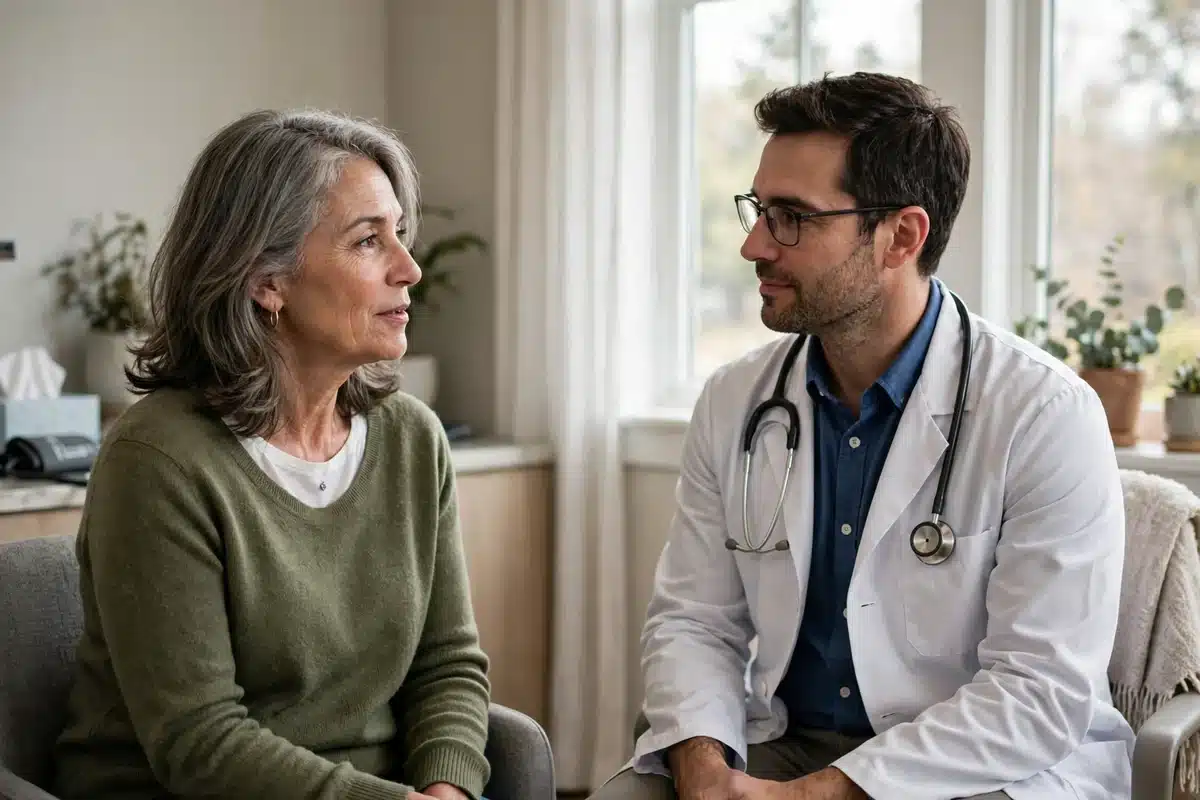 Photo of a woman in her late 50s talking with her doctor in a bright clinic room about hot flashes, both seated and calm, natural window light