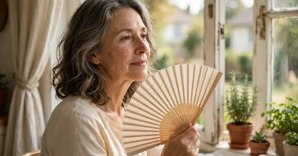Photo of a woman in her late 50s at home fanning herself gently with a paper fan by an open window, wearing a light cotton top, warm daylight