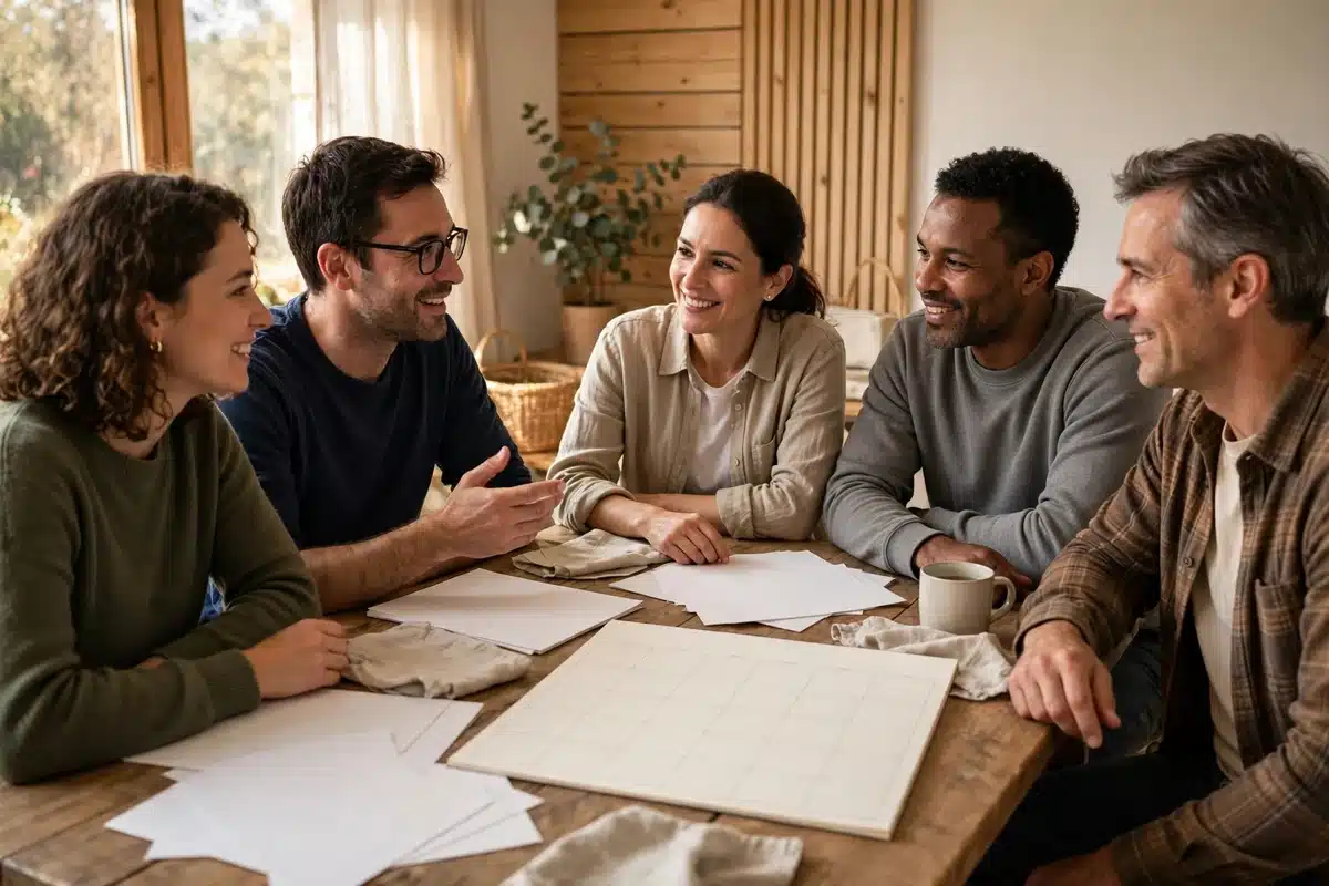 Photo of a small group of people at a community awareness planning meeting around a table with plain papers in warm natural light