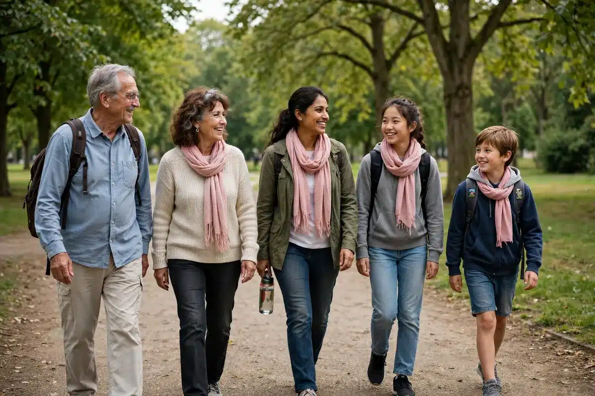 Photo of people of different ages walking together along a park path during a community awareness walk in soft daylight