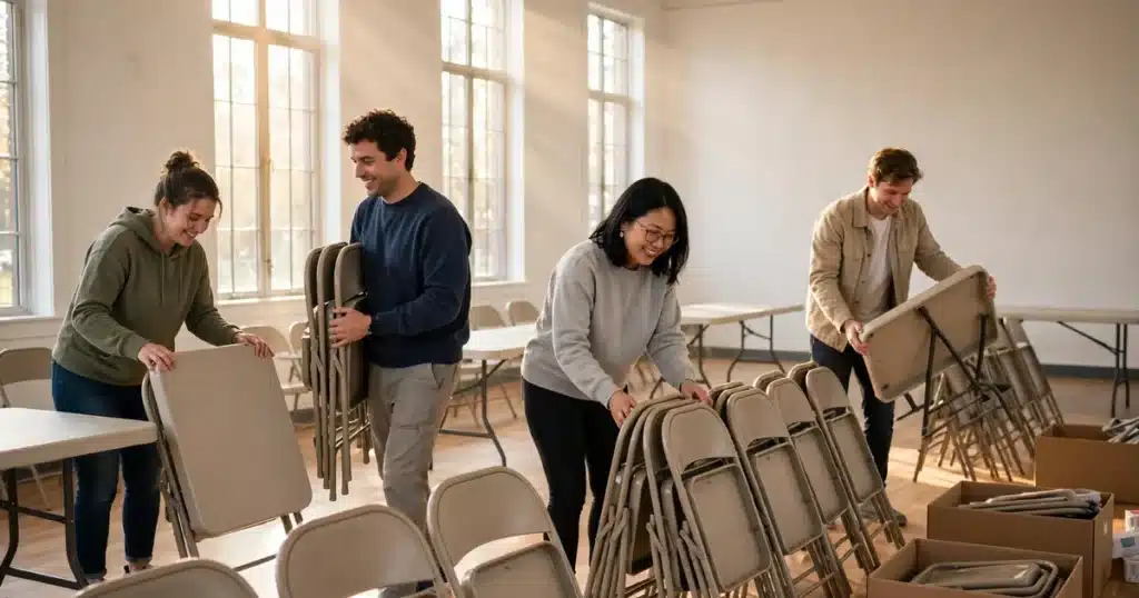 Photo of volunteers setting up plain tables and chairs in a bright community hall before a local awareness event
