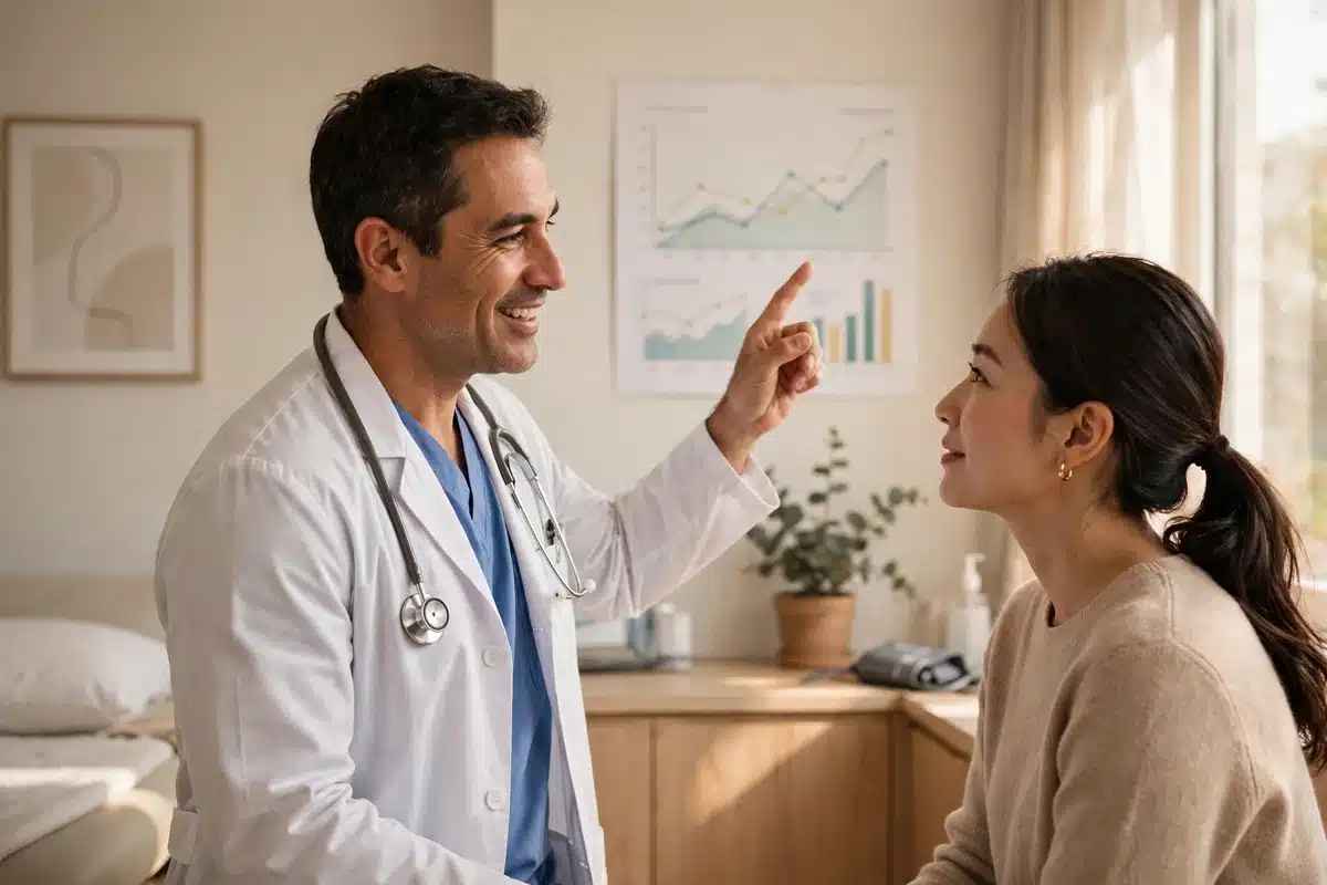A doctor pointing to a wall chart while talking with a woman patient in a bright clinic room