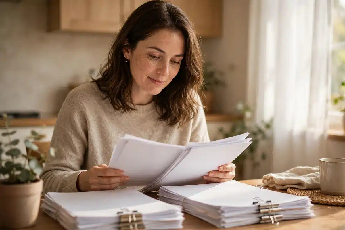 A woman reviewing neatly organized medical papers at a home table in soft daylight