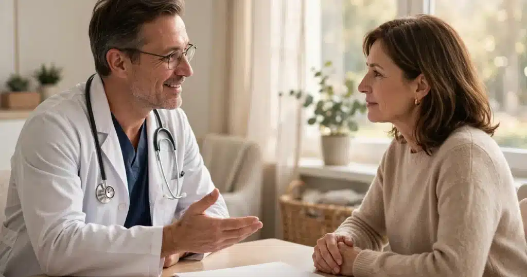 A doctor warmly explaining a medical report to a woman patient seated across a desk in a bright clinic room
