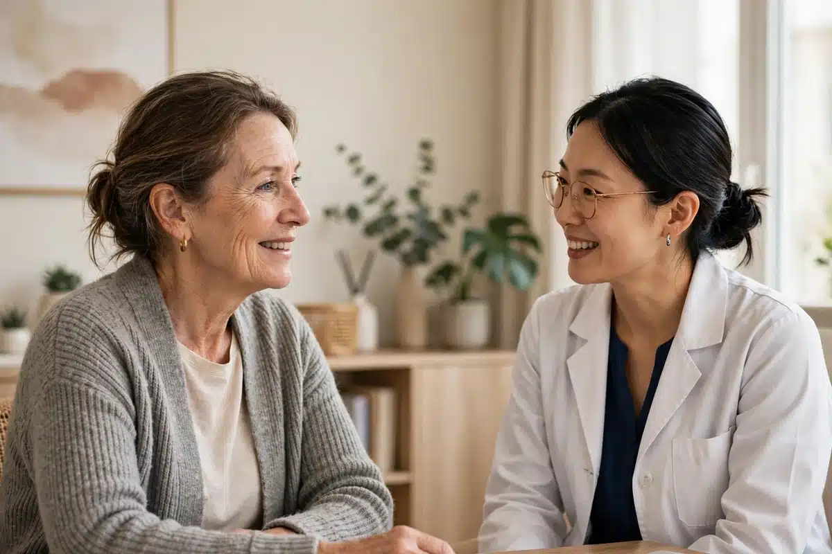 A woman talks with a female doctor in a white coat, both seated and smiling in a bright consultation room