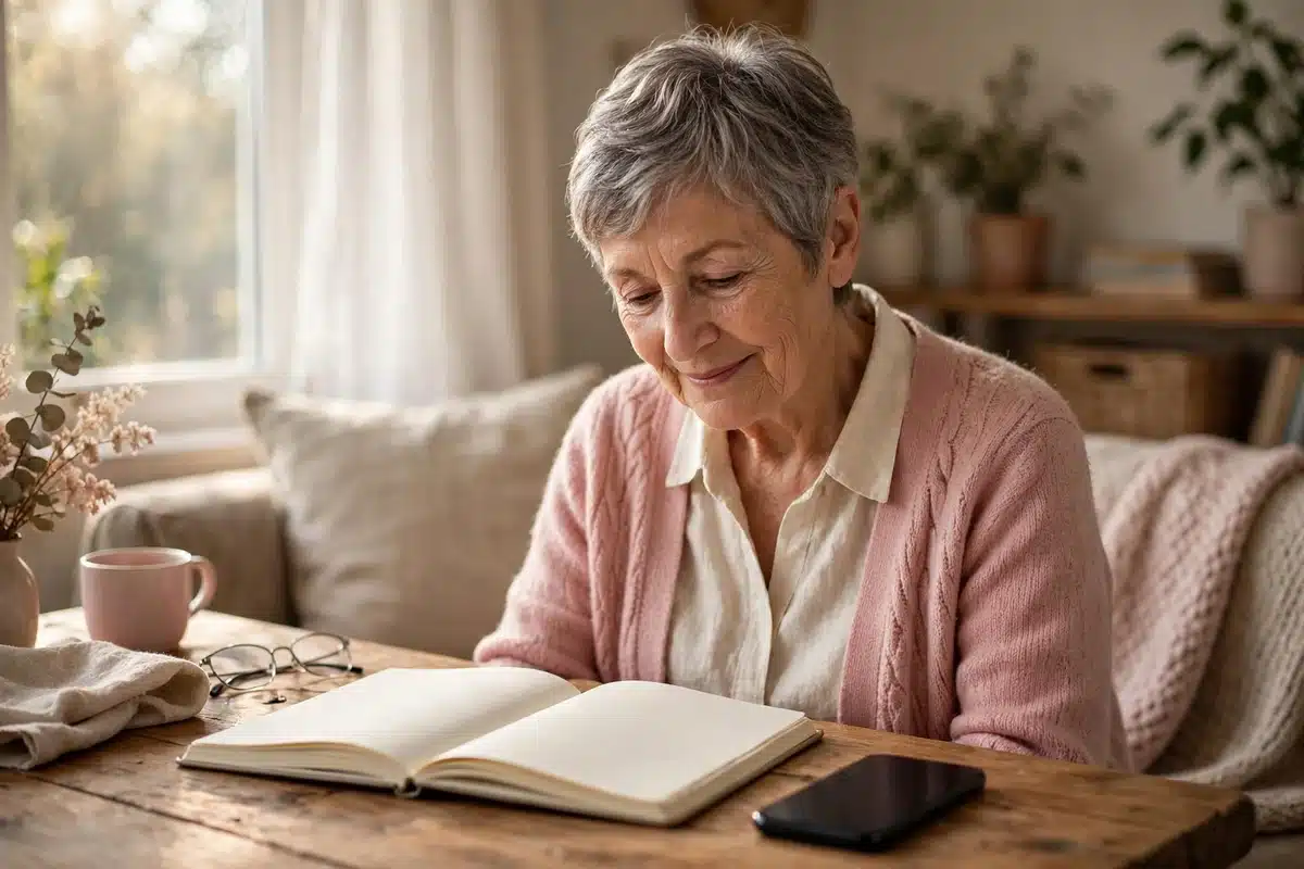 A woman with short grey hair in a pink cardigan reads an open notebook at a wooden table at home, a phone lying beside her