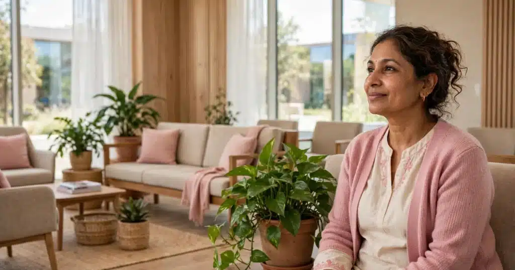 A South Asian woman in her forties in a pink cardigan sits calmly in a bright clinic waiting area beside a green plant, looking hopeful in soft daylight
