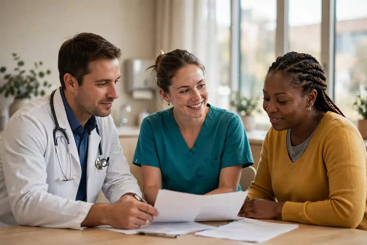 A doctor and a nurse sitting at a table with a patient, reviewing papers together in a bright clinic room