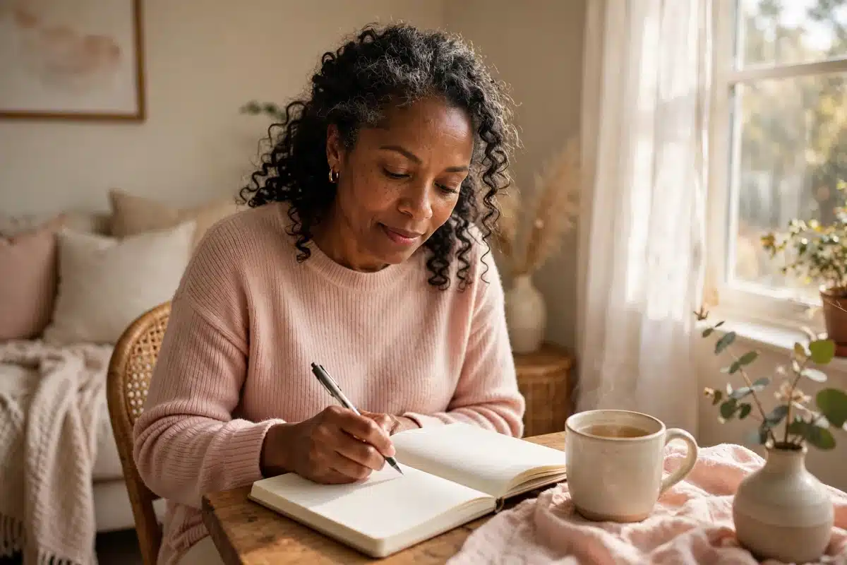 A woman sitting by a window at home, writing questions in a notebook with a mug of tea beside her