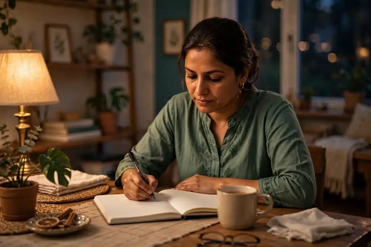 Photo of a woman writing questions in a notebook at home in warm evening light before an appointment