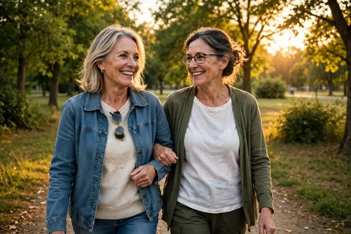 Photo of a woman walking outdoors with her sister on a sunny afternoon, both smiling