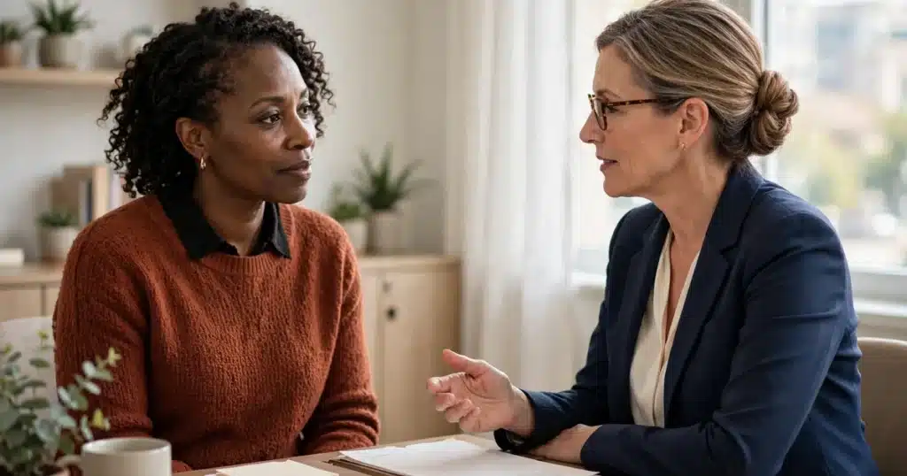 Photo of a woman in consultation with a surgeon in a bright office, the two talking over a folder of notes