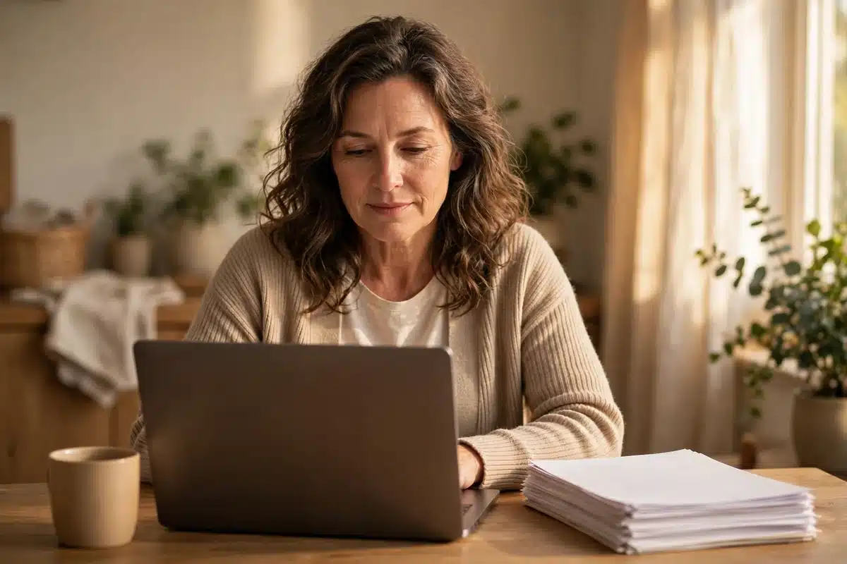 Photo of a woman in her 50s sitting at a dining table at home with a laptop and plain paperwork, calm and organised