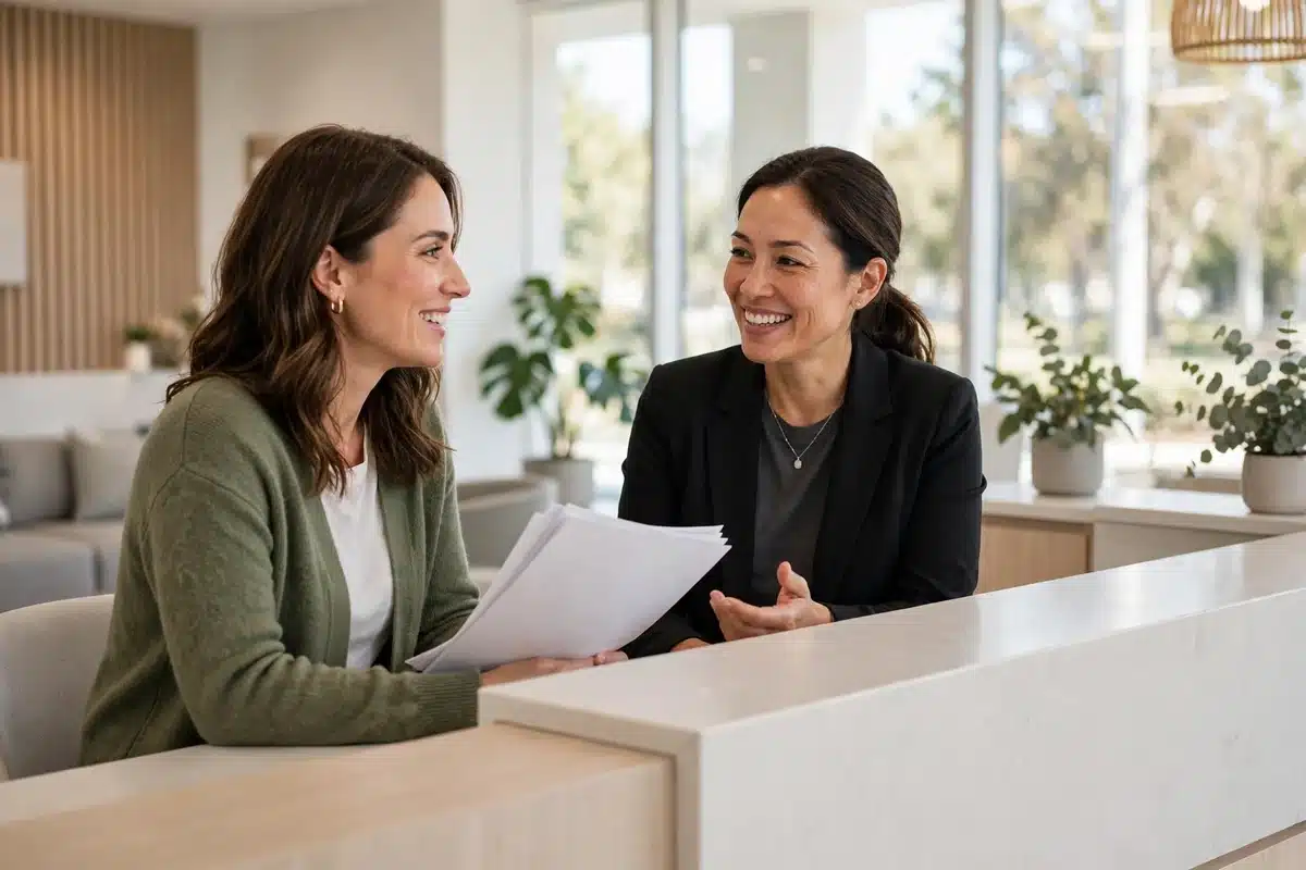 Photo of two women talking together at a bright clinic reception desk, paperwork in hand