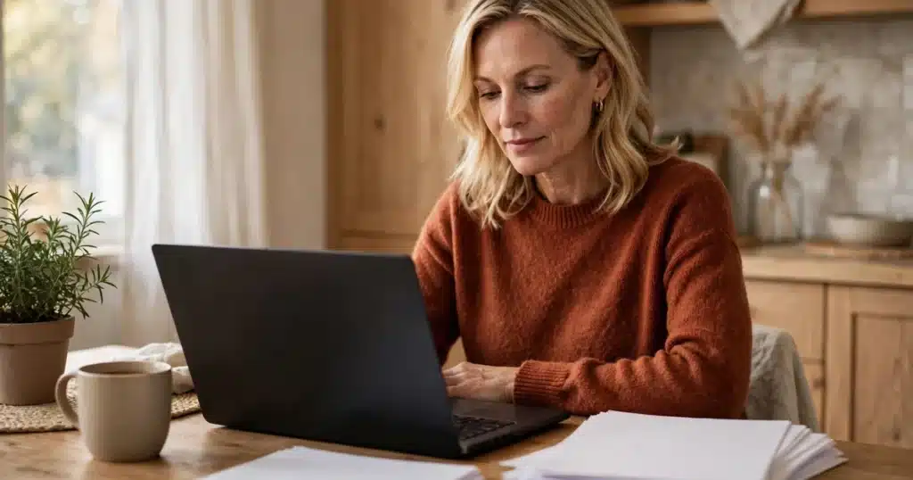 Photo of a woman sitting at her kitchen table at home with a laptop and paperwork in front of her