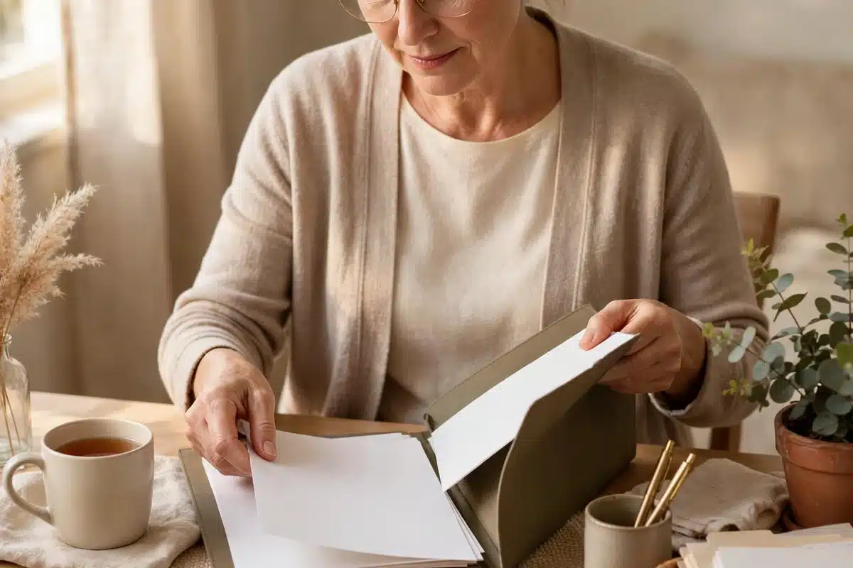 A woman organizing medical paperwork and folders at a home desk in warm natural light