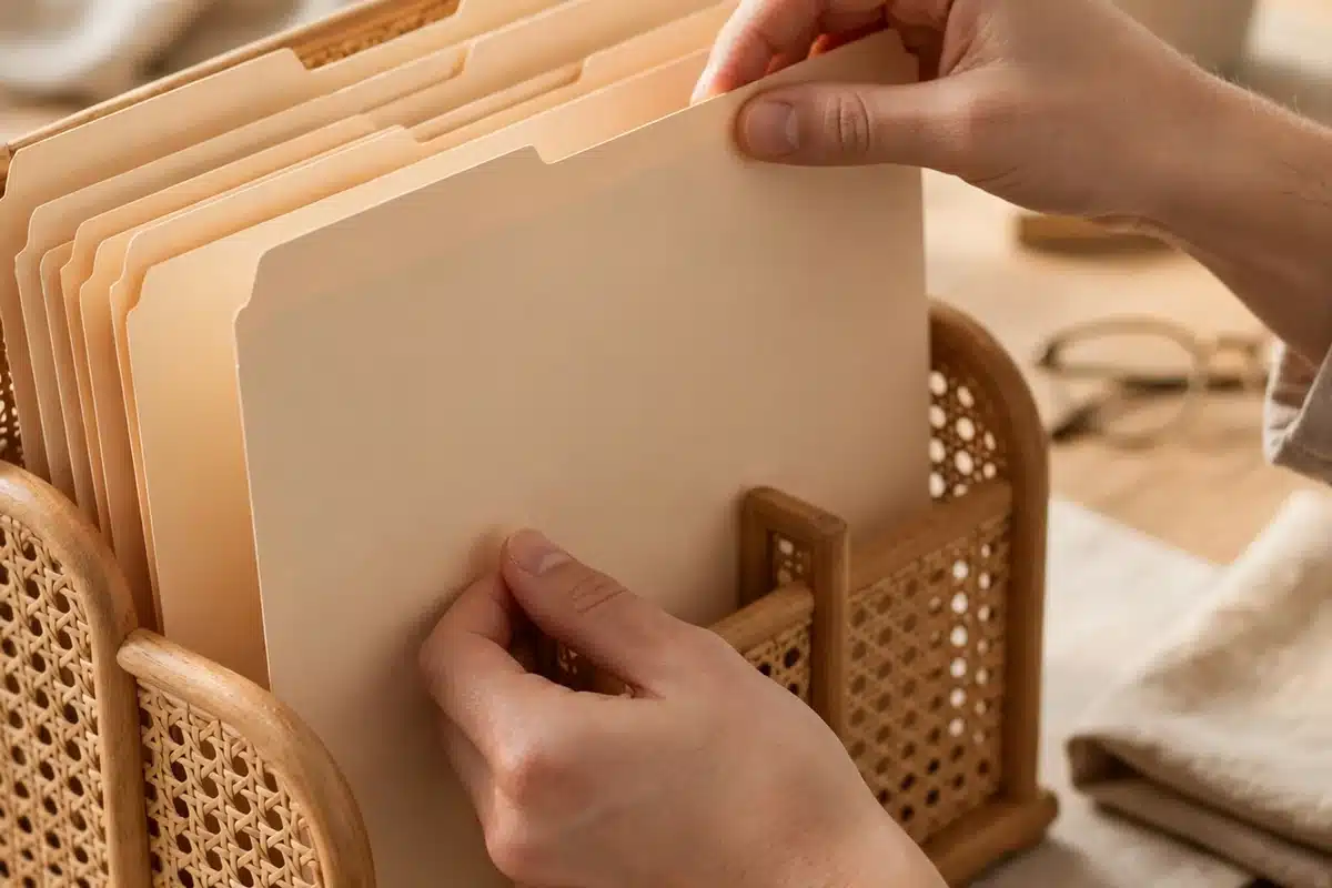 Close-up of hands placing labeled medical folders into a neat home filing organizer