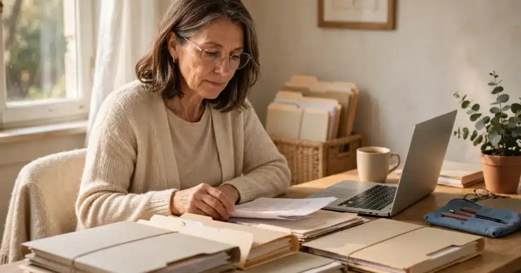 A woman reviewing organized medical files at a home desk with a laptop nearby in warm natural light