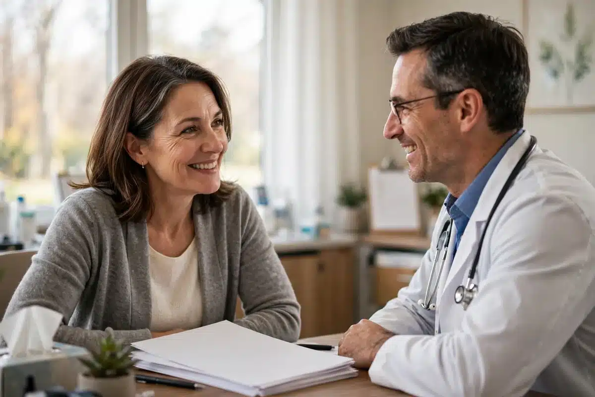A woman in her 50s talking warmly with a doctor in a bright office with papers on the desk, no readable text, no logos