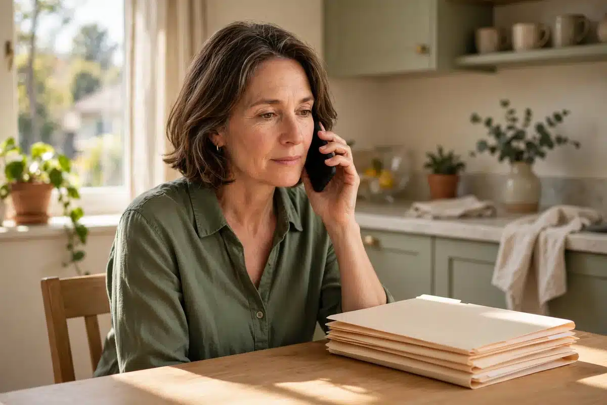 A woman in her 50s speaking on the phone at a sunny kitchen table beside a neat stack of blank folders, no readable text, no logos