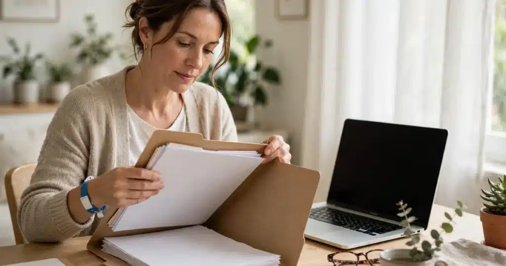 A woman patient in her 40s organizing a folder of blank papers at a bright home desk with a laptop nearby, no readable text, no logos
