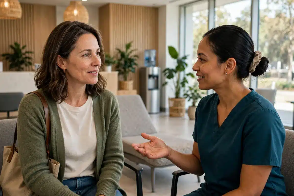 Photo of a woman in her 40s talking with a radiology technologist in a bright imaging center reception, calm and engaged, natural light