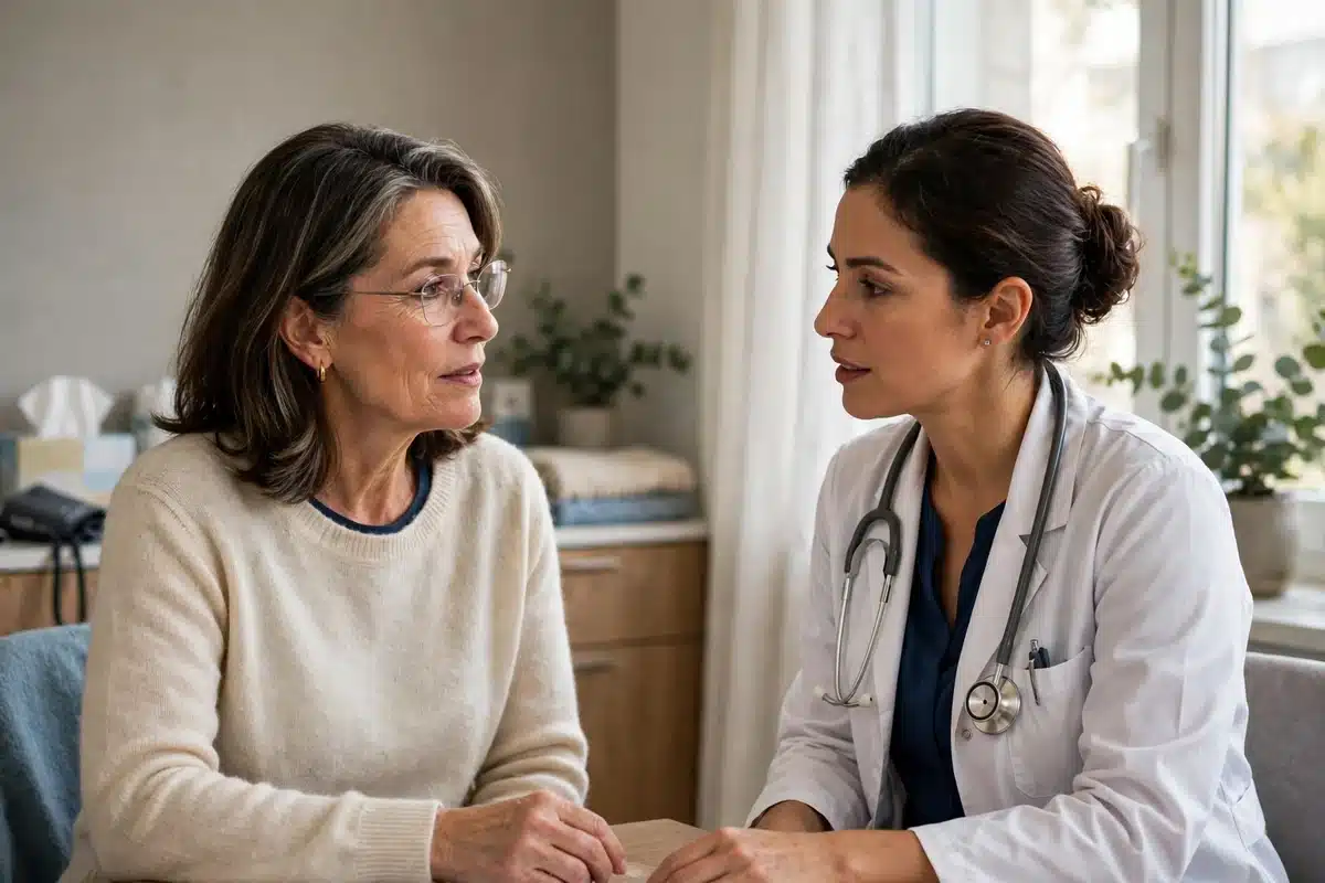Photo of a woman in her 50s sitting with a female doctor in a bright consultation room, discussing, natural window light