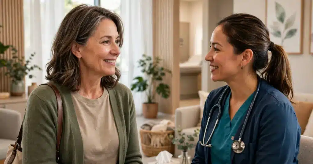 Photo of a woman in her 50s in a bright breast imaging center reception area talking with a staff member, calm and reassured, warm natural light
