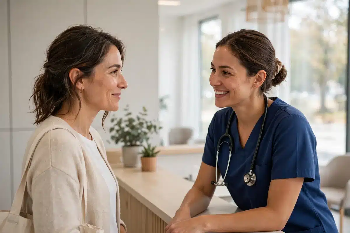 Photo of a woman being welcomed by a friendly specialist nurse at the reception area of a bright modern clinic