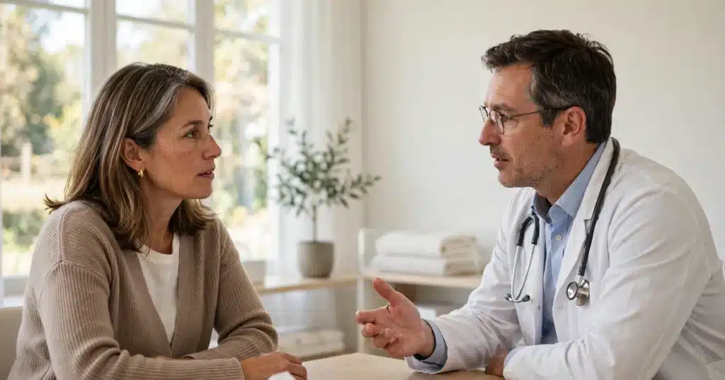 Photo of a woman talking with her doctor in a bright clinic office as the doctor explains the next step of her care