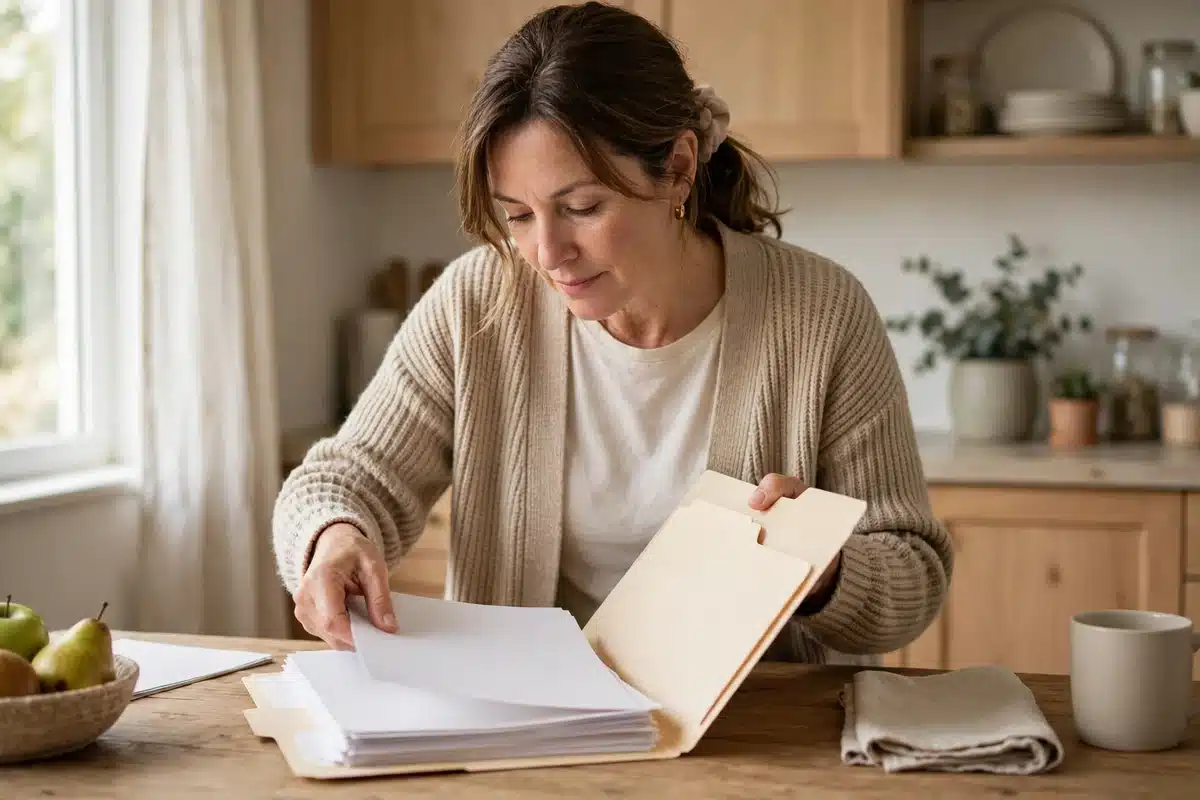Photo of a woman in her 40s gathering plain paperwork into a folder at her kitchen table at home in soft daylight