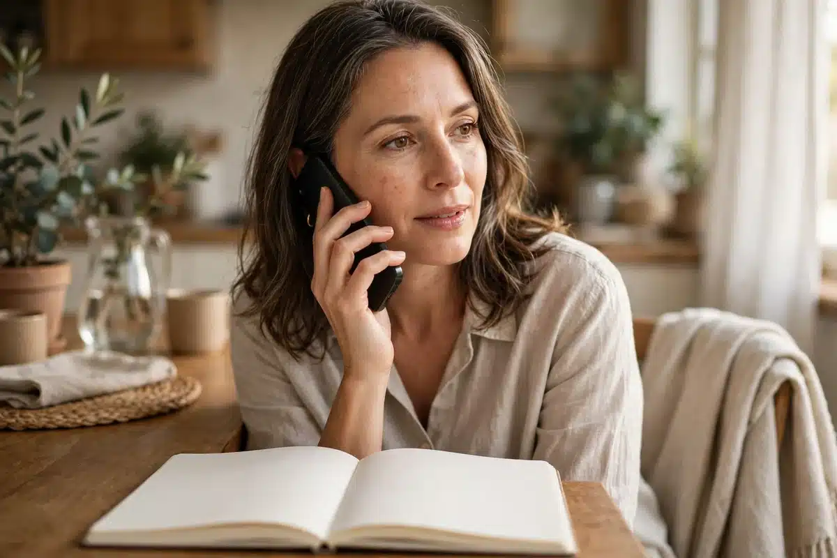 Photo of a woman in her 40s speaking calmly on the phone at home with a notebook open, following up on an application