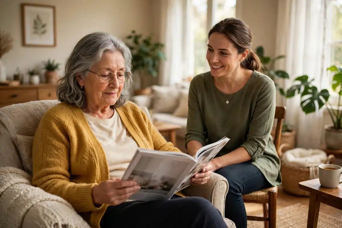 An older woman relaxing in a cozy armchair while a home-care aide sits nearby