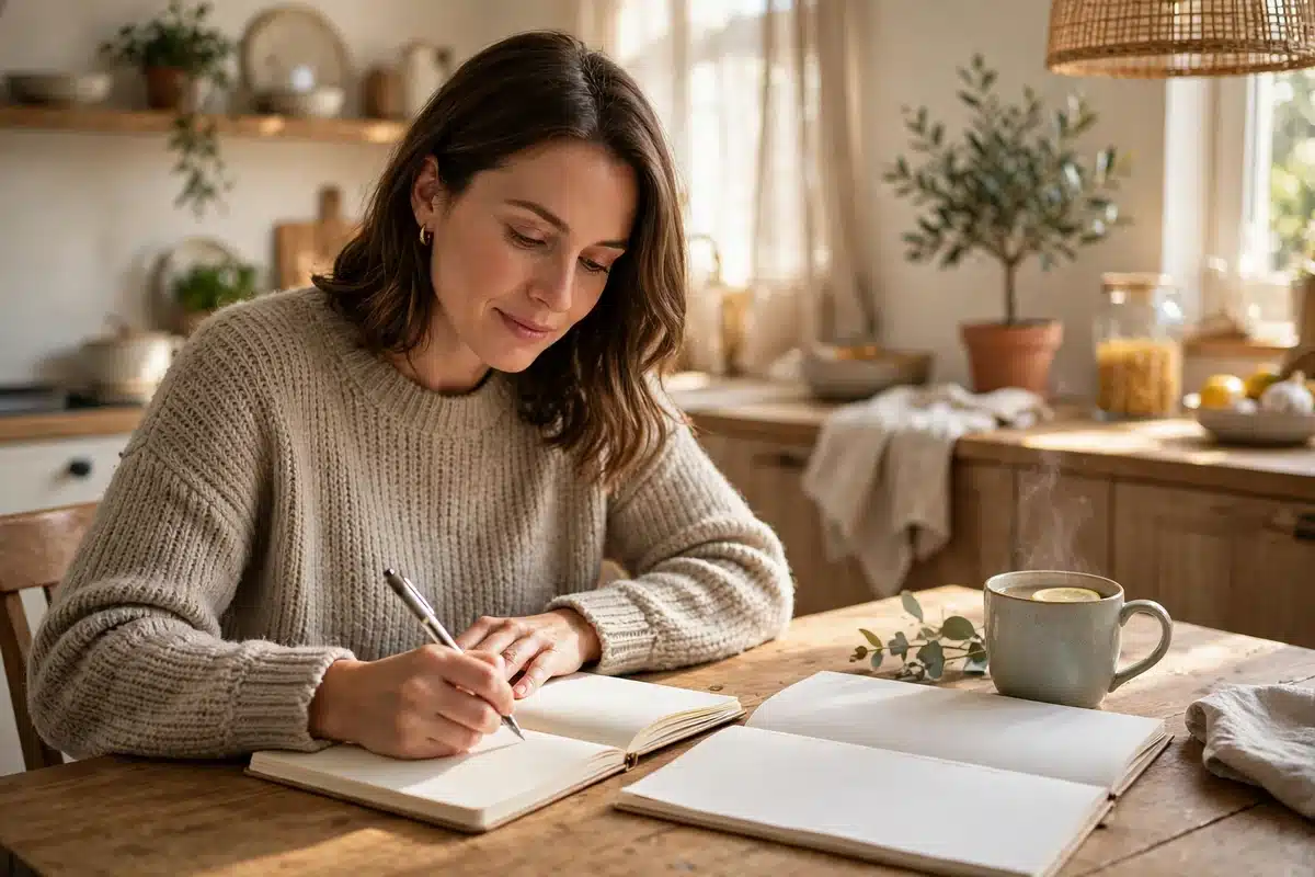 A caregiver writing notes in a planner at a sunny kitchen table