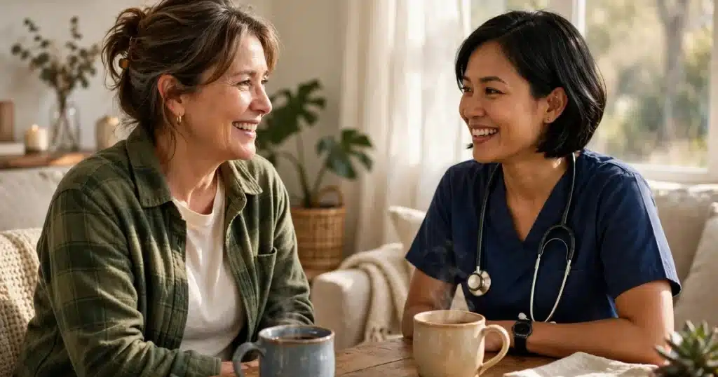 A family caregiver talking with a friendly home-care aide in a bright living room