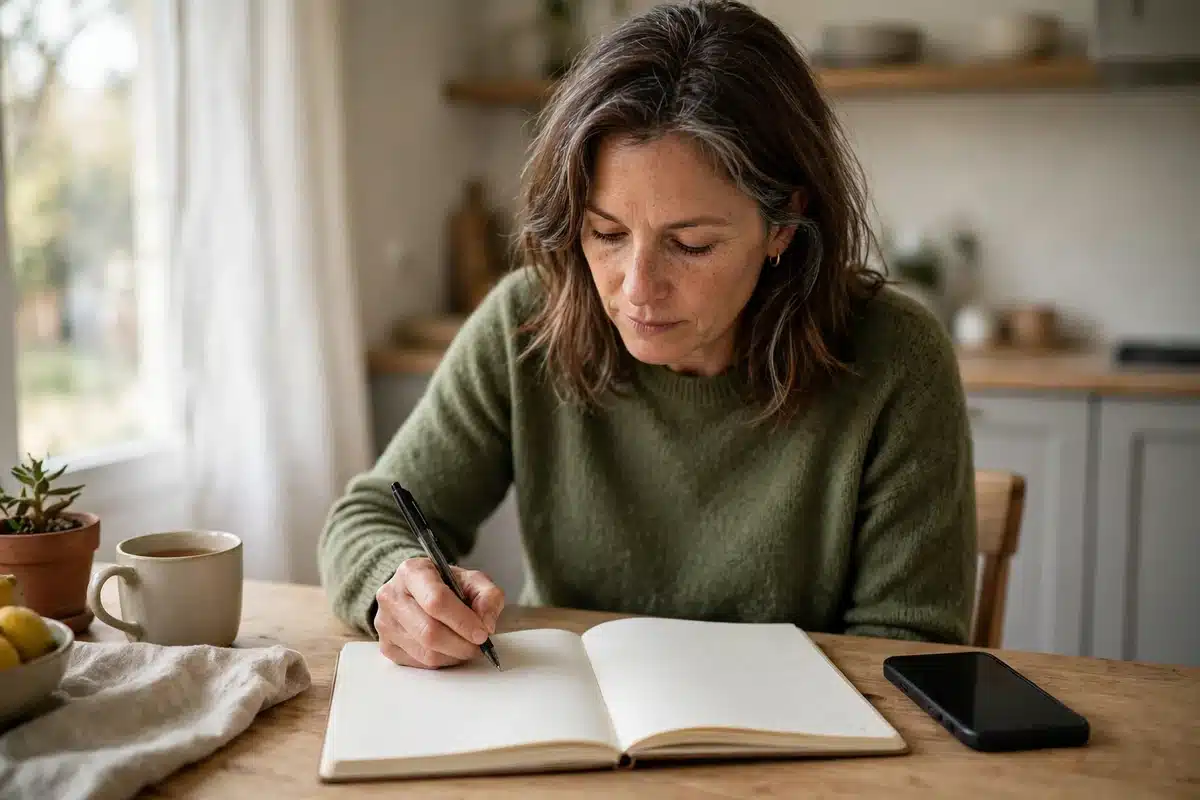 Photo of a woman in her 40s at home at her kitchen table writing a short list of questions in a plain blank notebook before making a phone call, phone resting beside her, calm determined mood, soft daylight