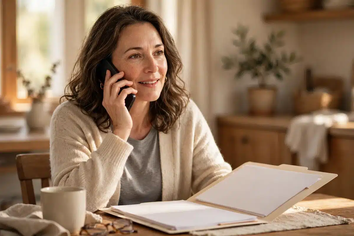 Photo of a woman in her 40s speaking calmly and with relief on the phone at home, a folder of plain blank paperwork open on the table in front of her, warm natural light, hopeful mood