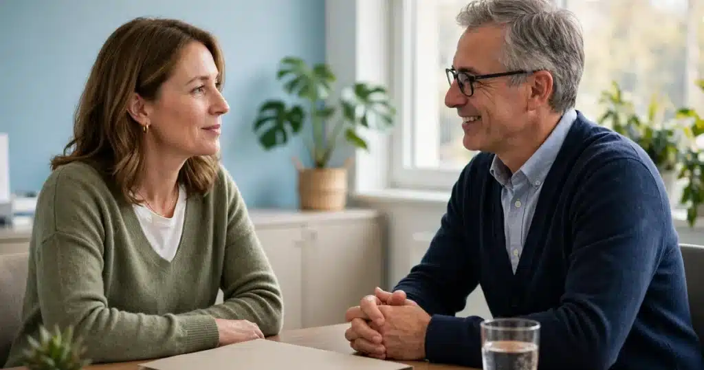 Photo of a woman in her 40s sitting across a desk from a financial counsellor in a bright hospital office, having a calm hopeful conversation about her bills