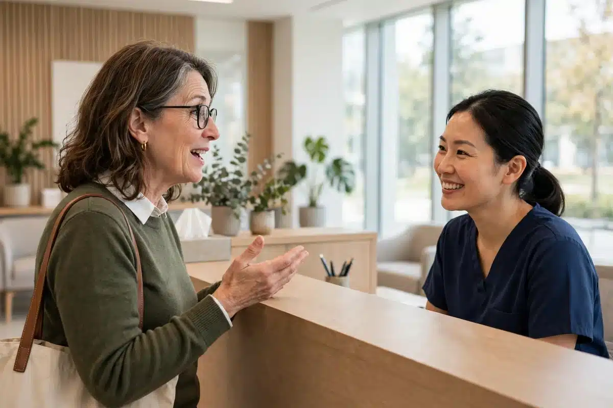 Photo of a woman in her 50s speaking with a friendly receptionist at the front desk of a bright cancer center, asking a question, both smiling warmly