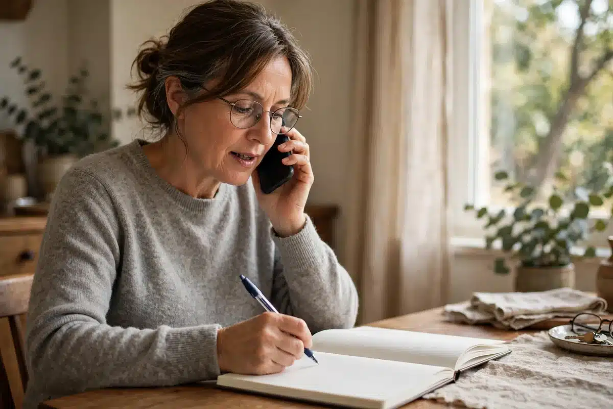Photo of a woman in her 50s at home on the phone with a pen and a plain open notebook on the table beside her, writing down a name and number, calm and purposeful in warm natural light