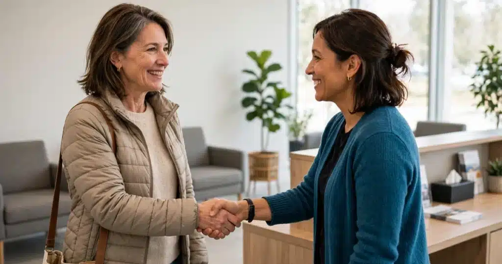Photo of a woman in her 50s shaking hands with a patient navigator in a bright clinic reception area, both smiling warmly in natural light