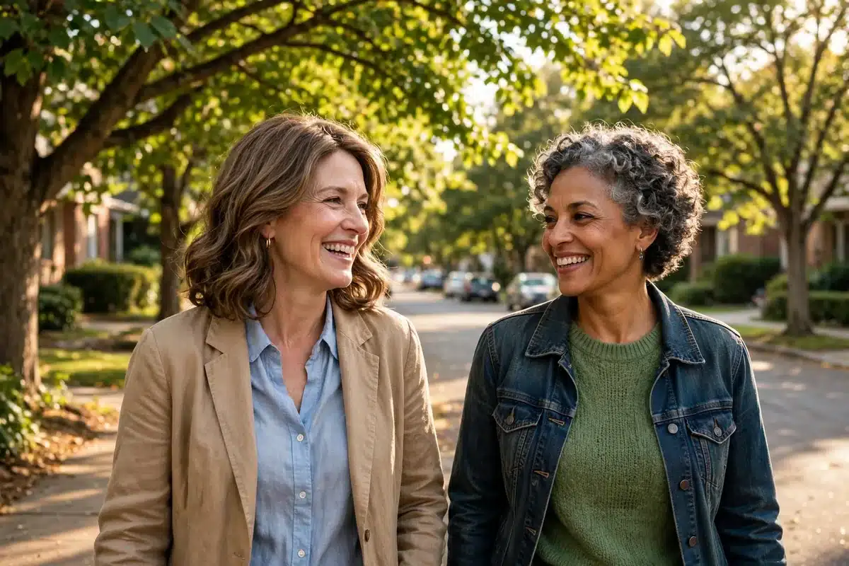Photo of a woman in her 50s wearing a natural-looking wig, smiling as she walks outdoors with a friend in warm sunlight