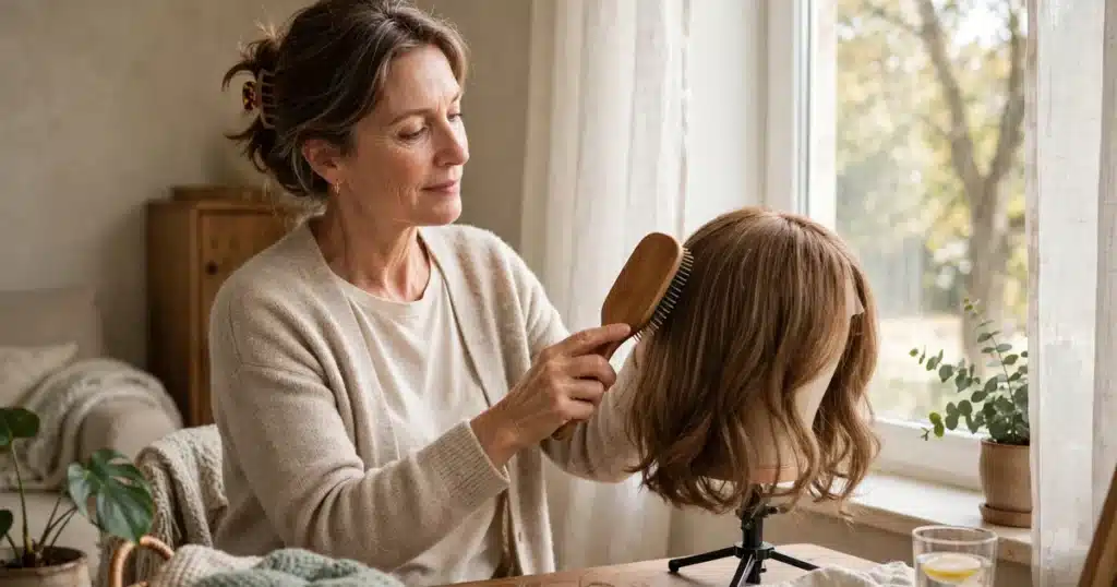 Photo of a woman in her 50s at home gently brushing a wig on a stand beside a bright window